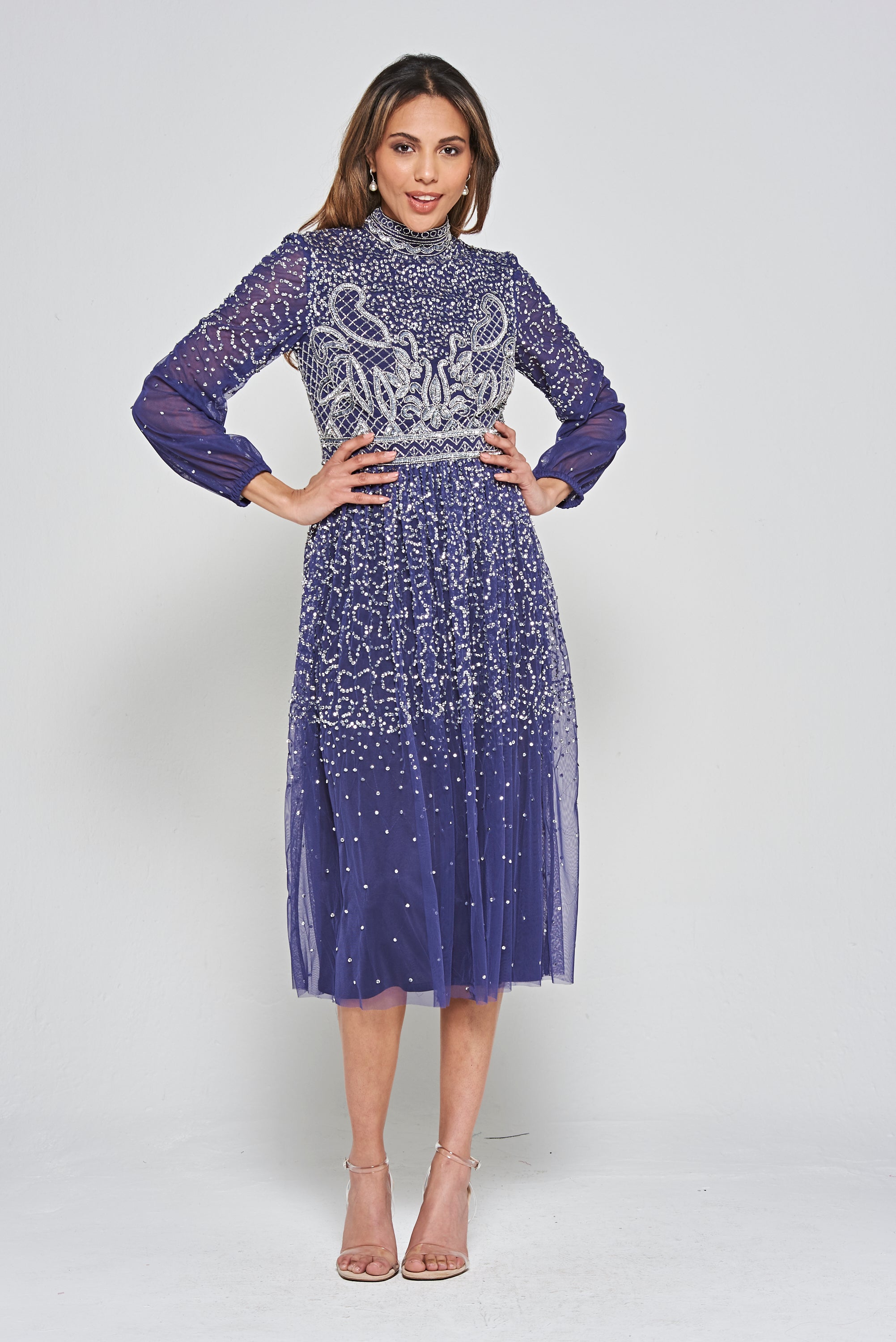 Jeanne Navy Embellished Midi Dress