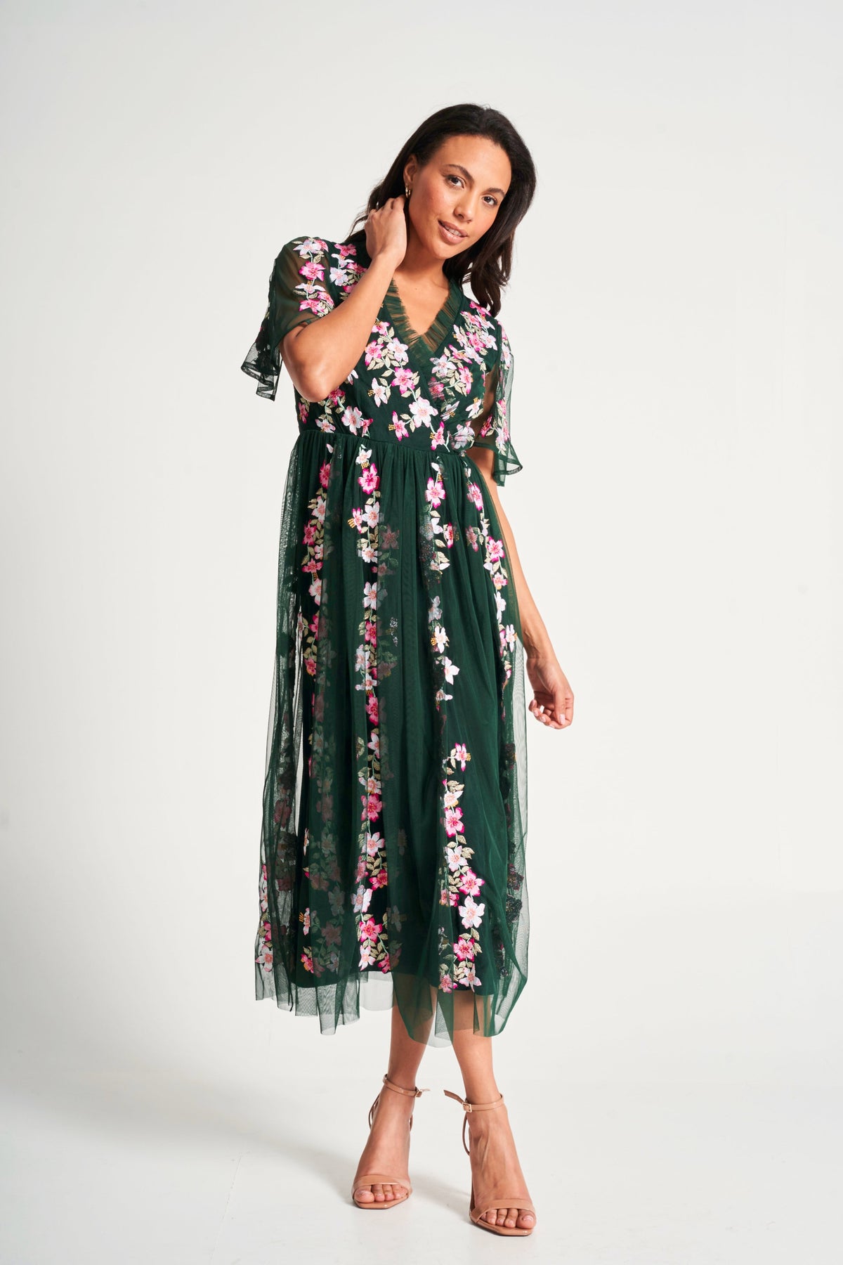 Jelena Green Floral Embroidered Midi Dress