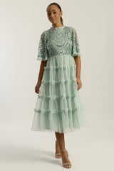Joanna Aqua Green Embellished Midi Dress with tiered ruffle skirt and delicate bodice embellishments for weddings and special occasions
