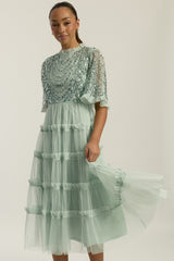 Joanna Aqua Green Embellished Midi Dress with tiered ruffle skirt and delicate bodice embellishments for weddings and special occasions