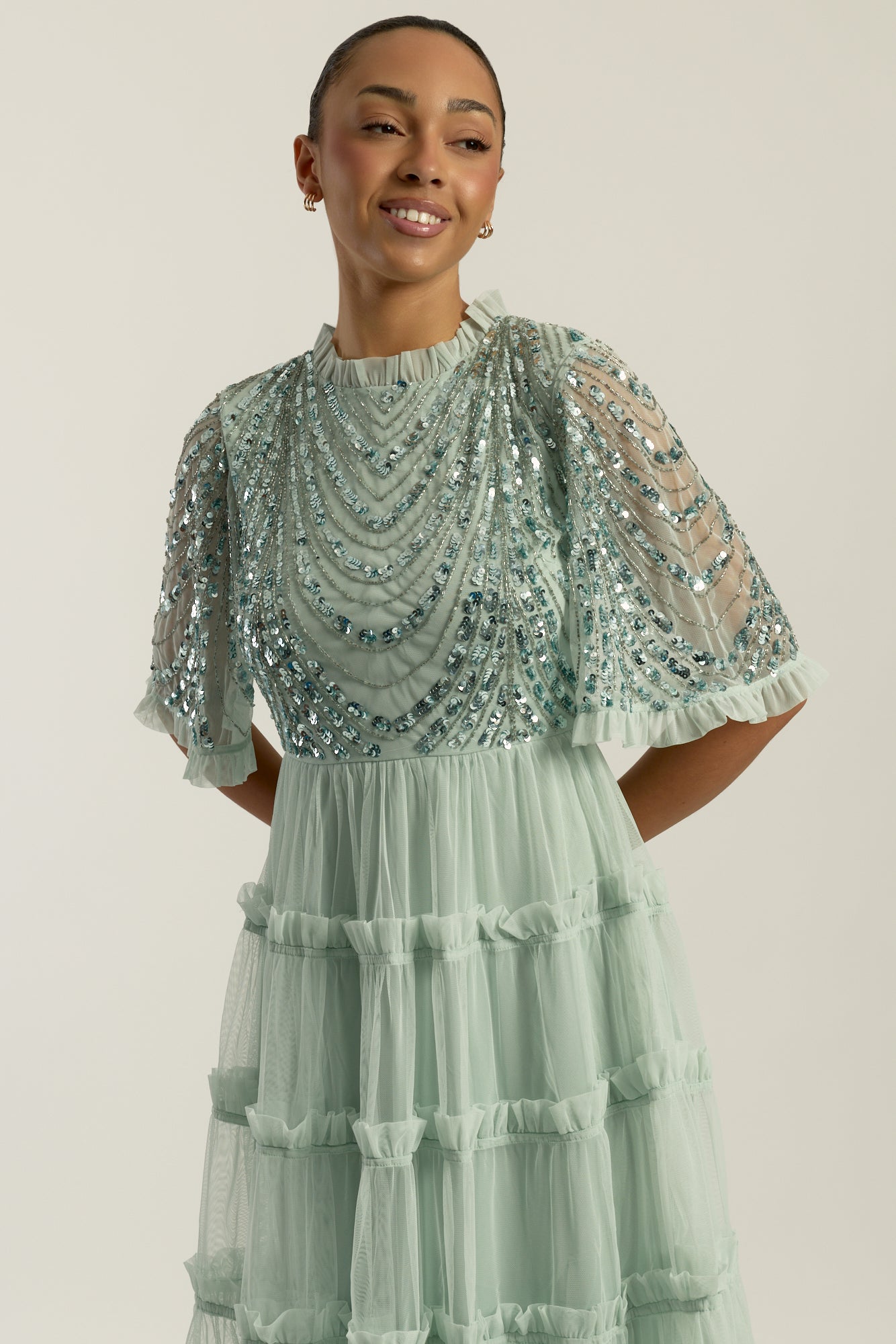 Joanna Aqua Green Embellished Midi Dress with tiered ruffle skirt and delicate bodice embellishments for weddings and special occasions