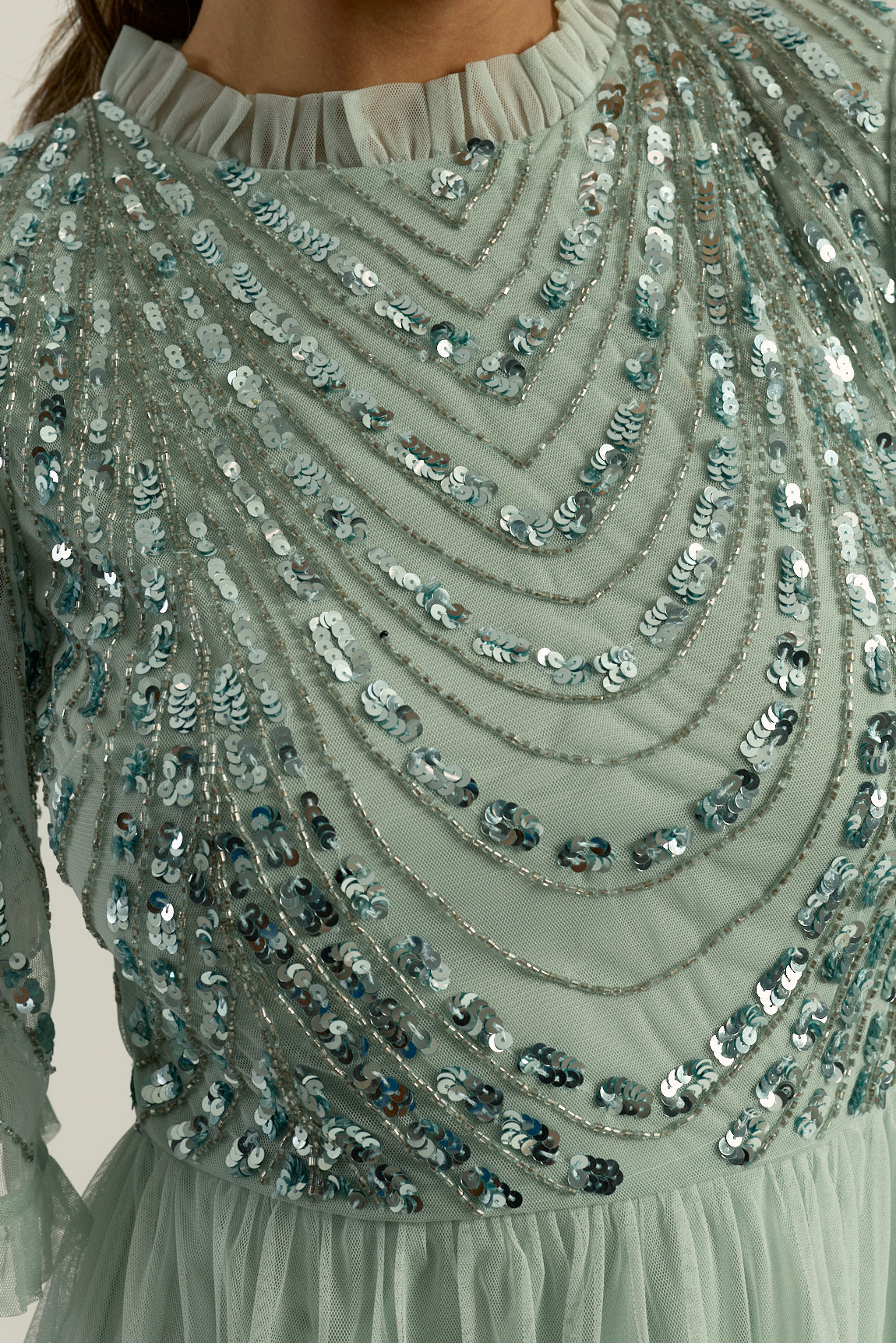 Joanna Aqua Green Embellished Midi Dress with tiered ruffle skirt and delicate bodice embellishments for weddings and special occasions