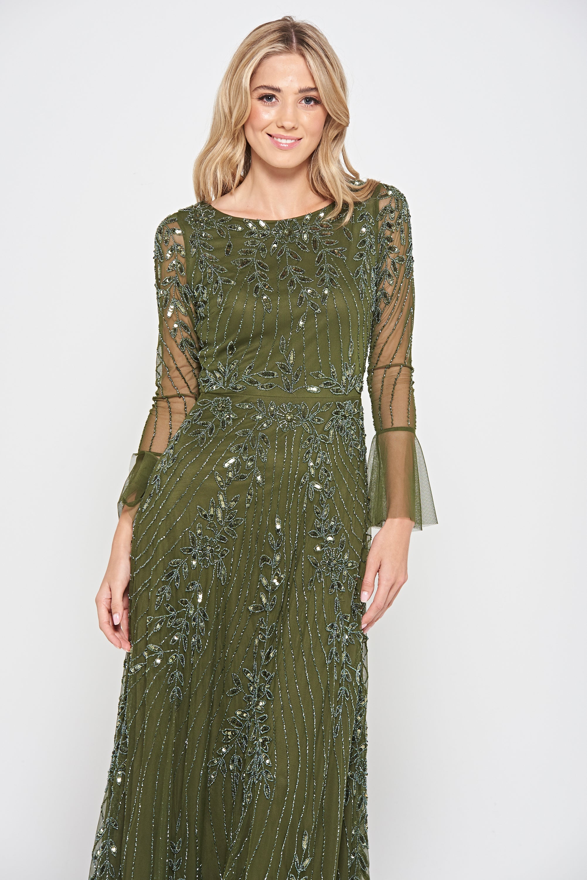 Jora Olive Green Embellished Maxi Dress