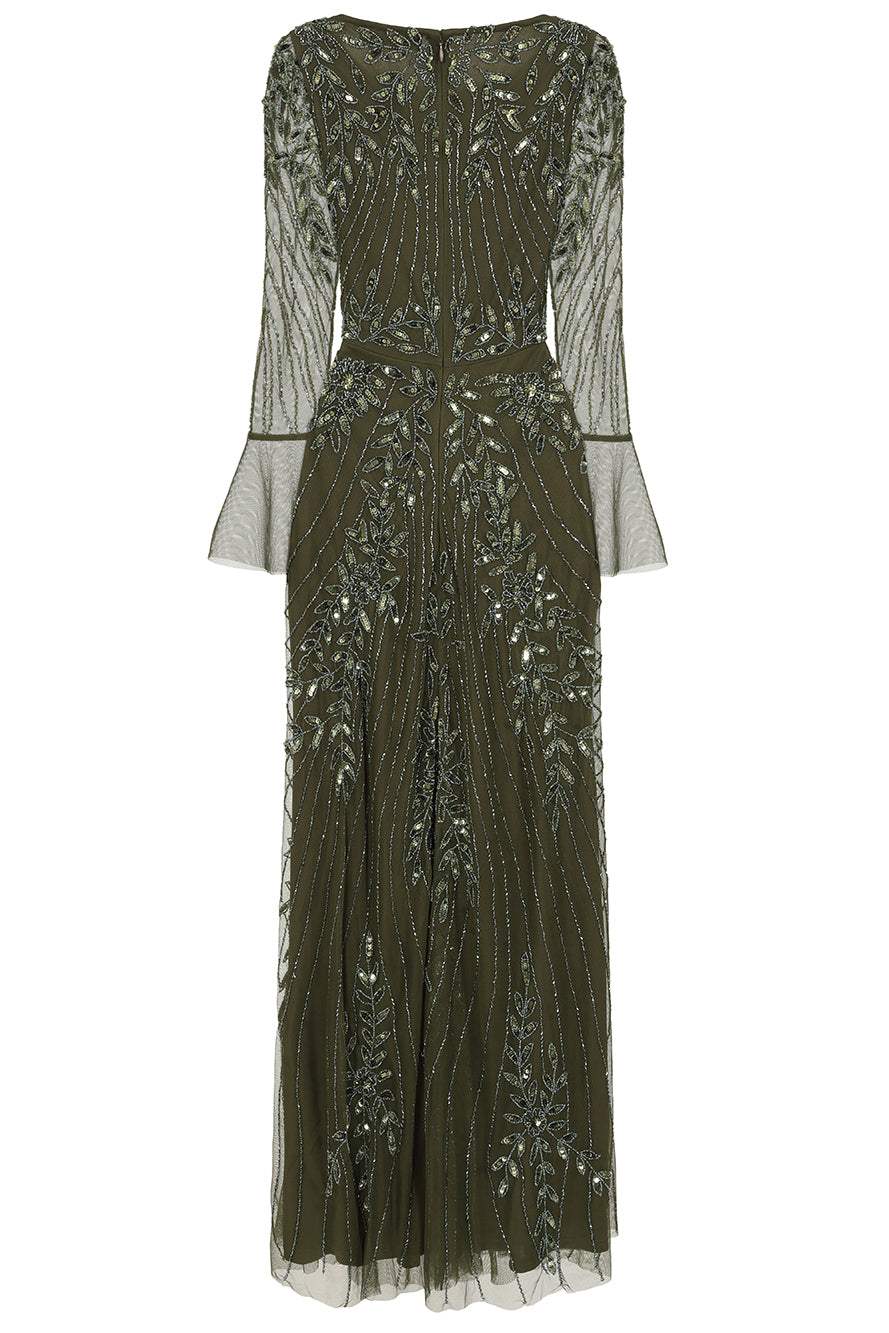 Jora Olive Green Embellished Maxi Dress