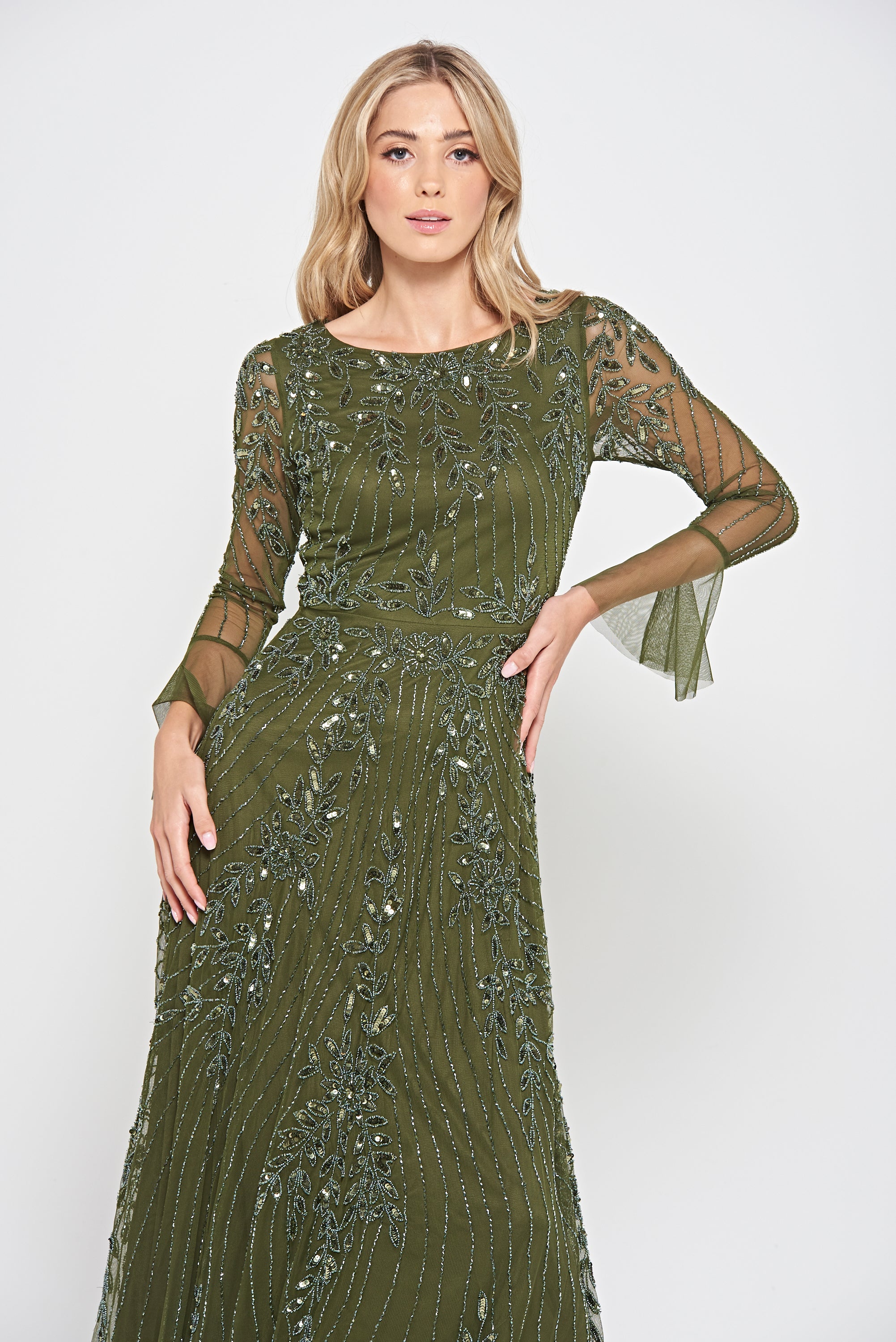 Jora Olive Green Embellished Maxi Dress