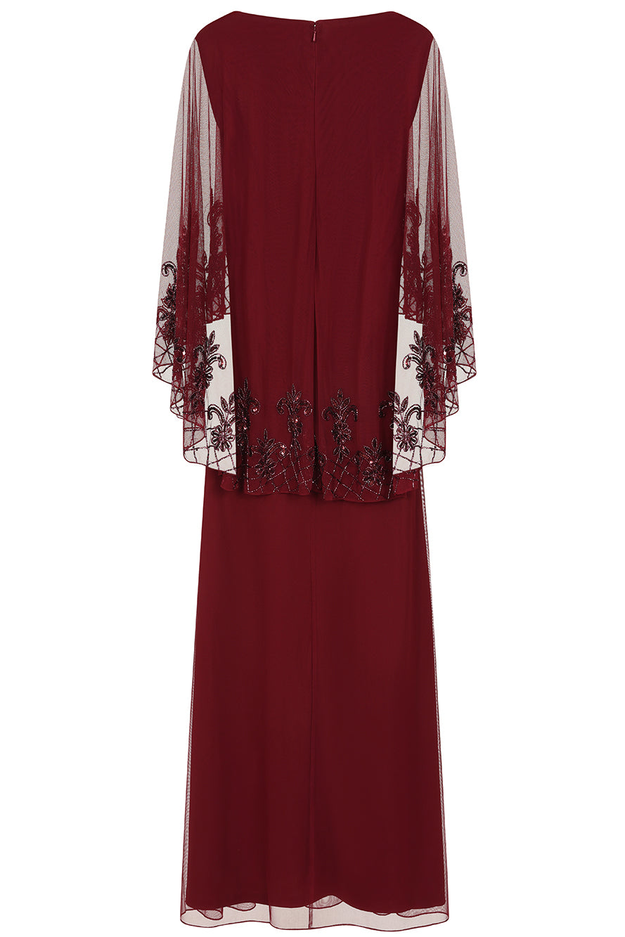 Jovena Burgundy Embellished Cape Sleeve Maxi Dress