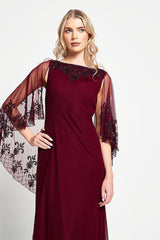 Jovena Burgundy Embellished Cape Sleeve Maxi Dress