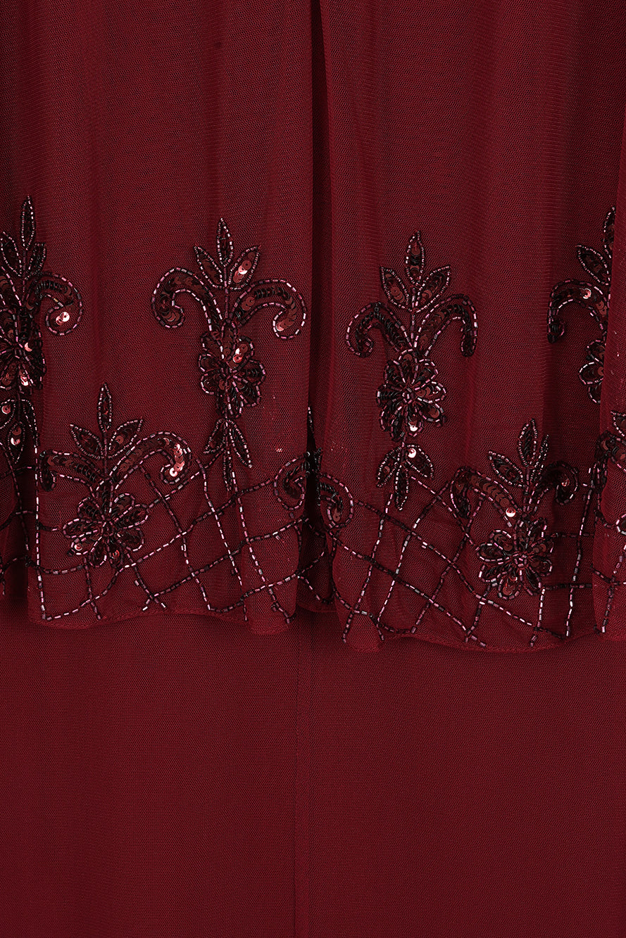 Jovena Burgundy Embellished Cape Sleeve Maxi Dress