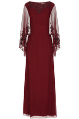 Jovena Burgundy Embellished Cape Sleeve Maxi Dress
