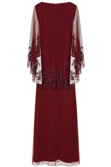 Jovena Burgundy Embellished Cape Sleeve Maxi Dress