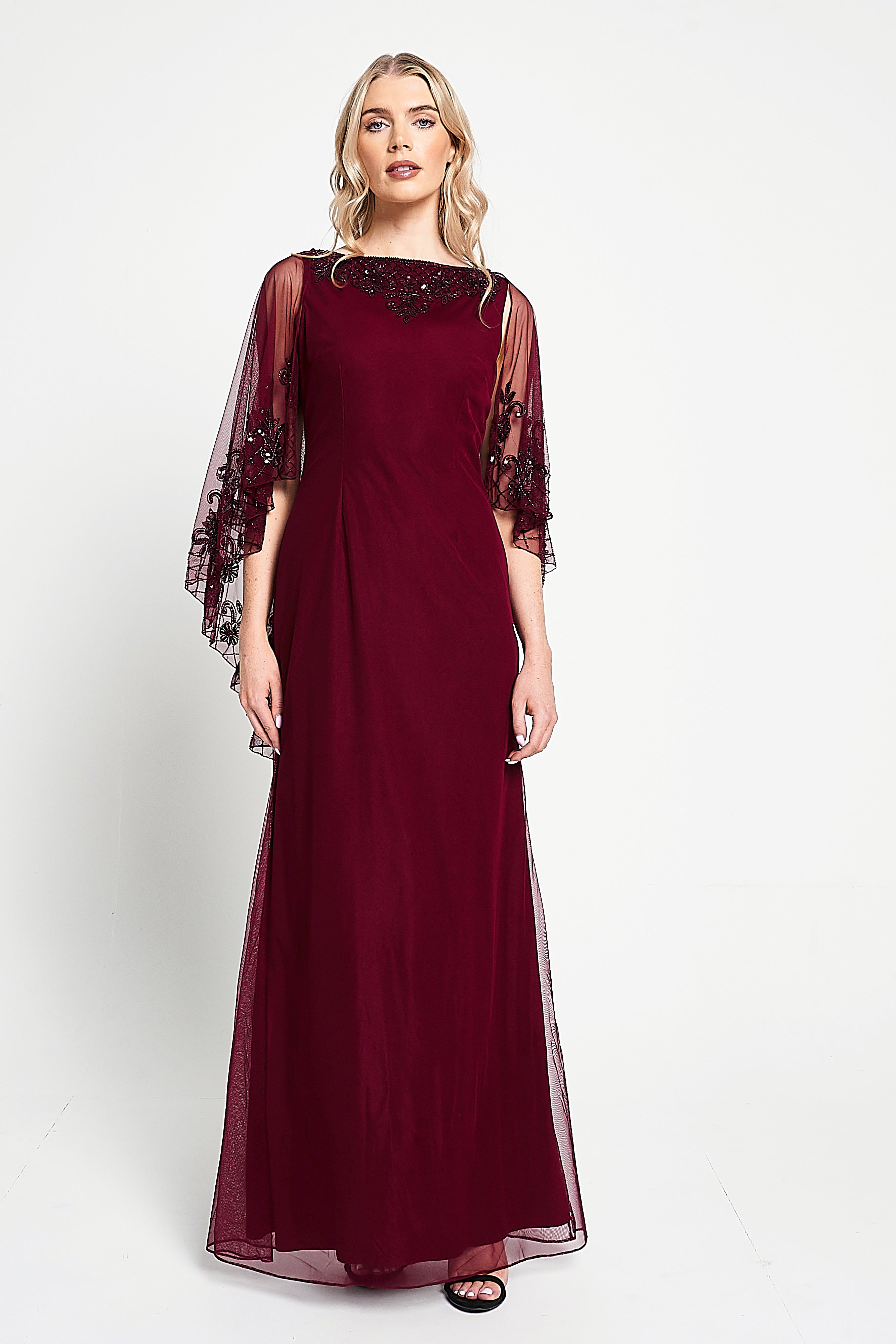 Jovena Burgundy Embellished Cape Sleeve Maxi Dress – Frock and Frill Jovena Burgundy Embellished Cape Sleeve Maxi Dress – Frock and Frill