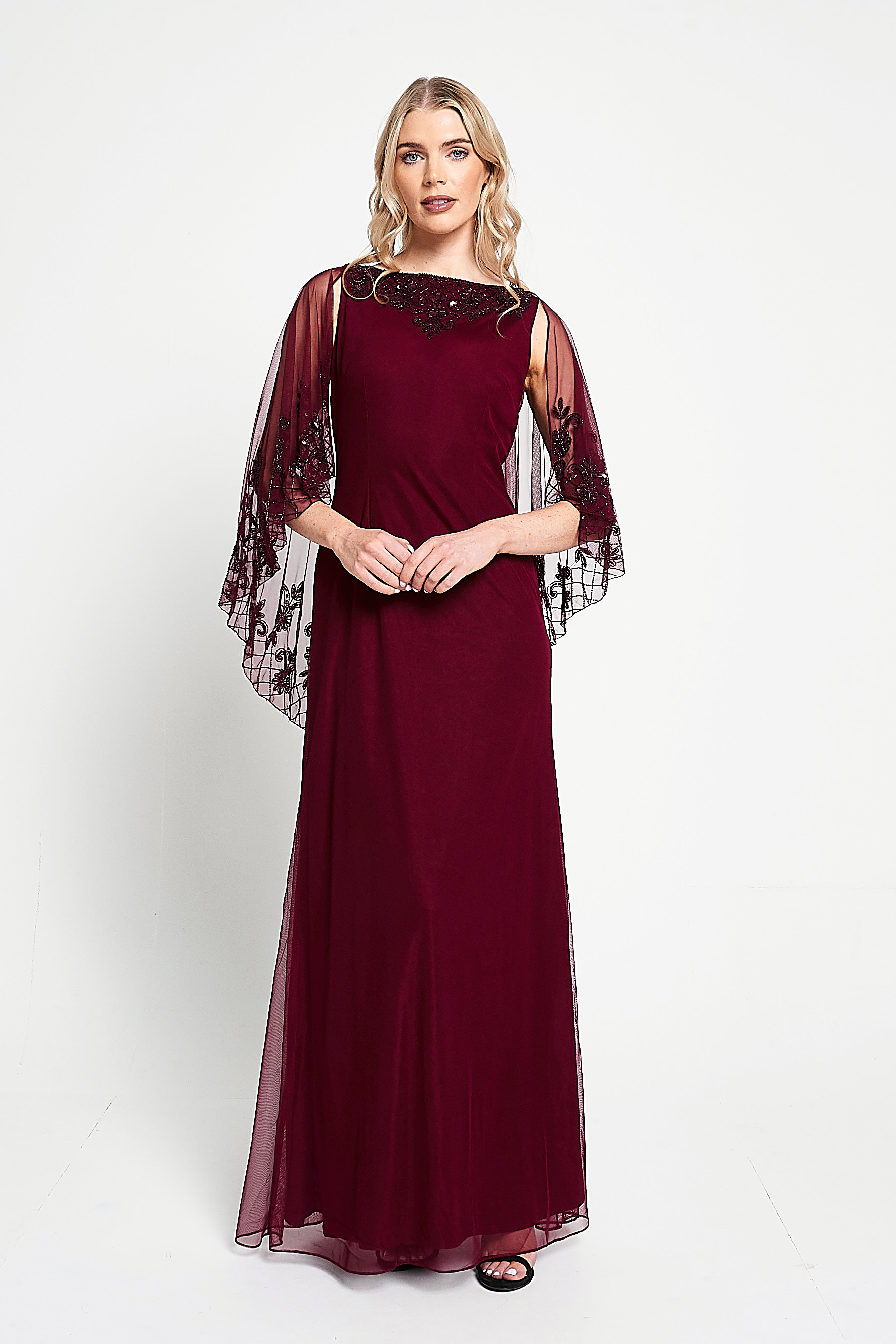 Jovena Burgundy Embellished Cape Sleeve Maxi Dress