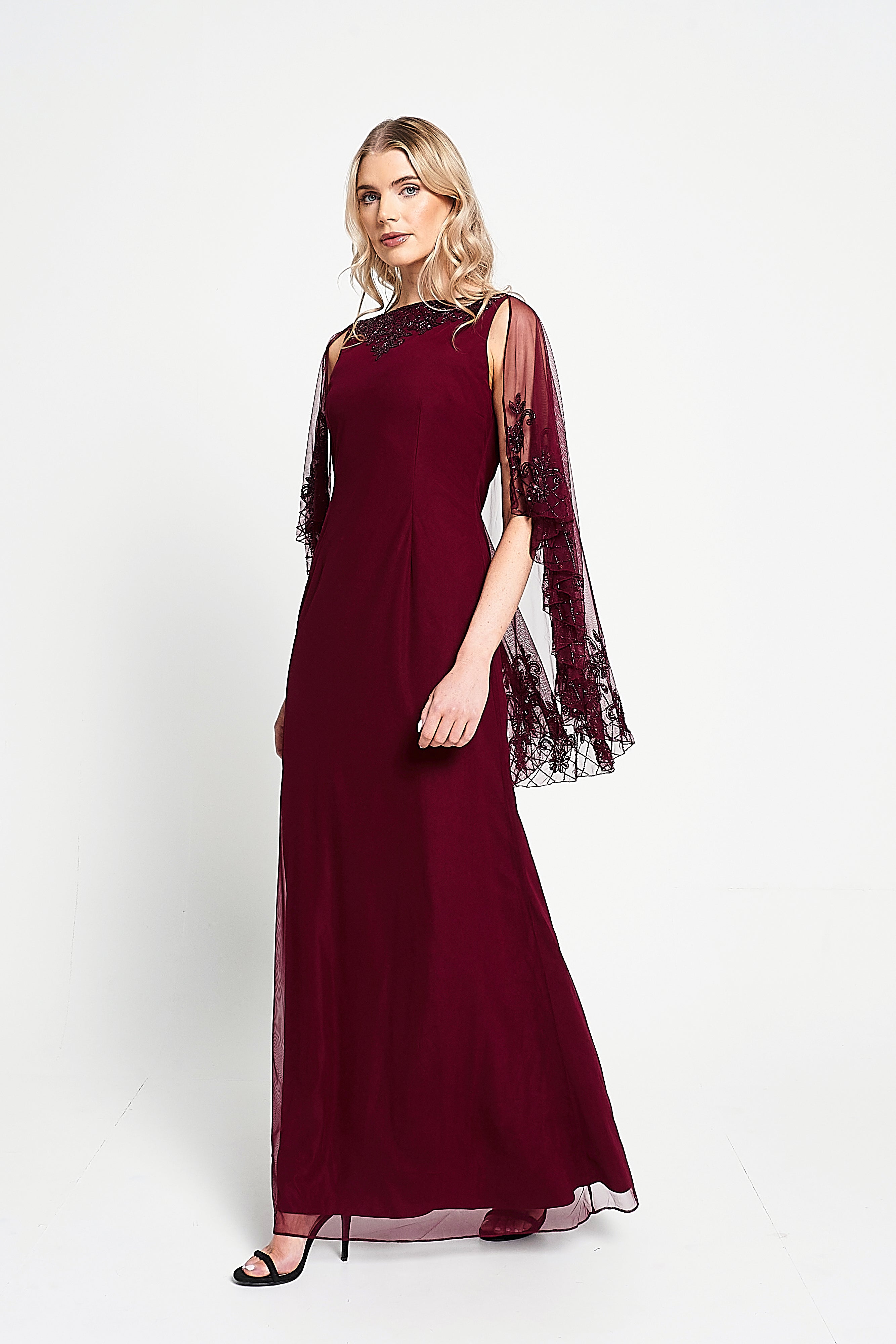 Jovena Burgundy Embellished Cape Sleeve Maxi Dress