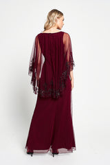Jovena Burgundy Embellished Cape Sleeve Maxi Dress