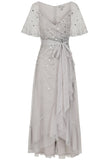 Joyce Grey Embellished Wrap Front Dress