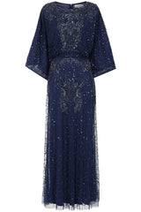 Judith Navy Embellished Maxi Dress with batwing sleeves, delicate beadwork, and flowing cape-style silhouette for weddings, evening events, and modest formal occasions