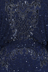Judith Navy Embellished Maxi Dress with batwing sleeves, delicate beadwork, and flowing cape-style silhouette for weddings, evening events, and modest formal occasions