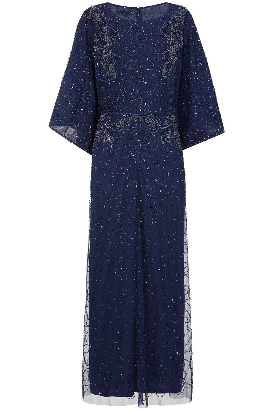 Judith Navy Embellished Maxi Dress with batwing sleeves, delicate beadwork, and flowing cape-style silhouette for weddings, evening events, and modest formal occasions