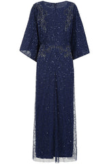 Judith Navy Embellished Maxi Dress with batwing sleeves, delicate beadwork, and flowing cape-style silhouette for weddings, evening events, and modest formal occasions