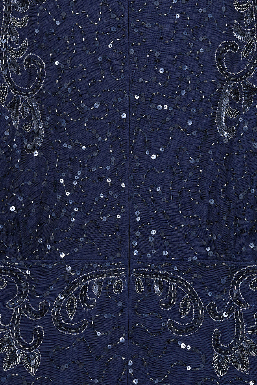 Judith Navy Embellished Maxi Dress with batwing sleeves, delicate beadwork, and flowing cape-style silhouette for weddings, evening events, and modest formal occasions