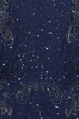 Judith Navy Embellished Maxi Dress with batwing sleeves, delicate beadwork, and flowing cape-style silhouette for weddings, evening events, and modest formal occasions