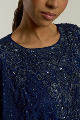 Judith Navy Embellished Maxi Dress with batwing sleeves, delicate beadwork, and flowing cape-style silhouette for weddings, evening events, and modest formal occasions