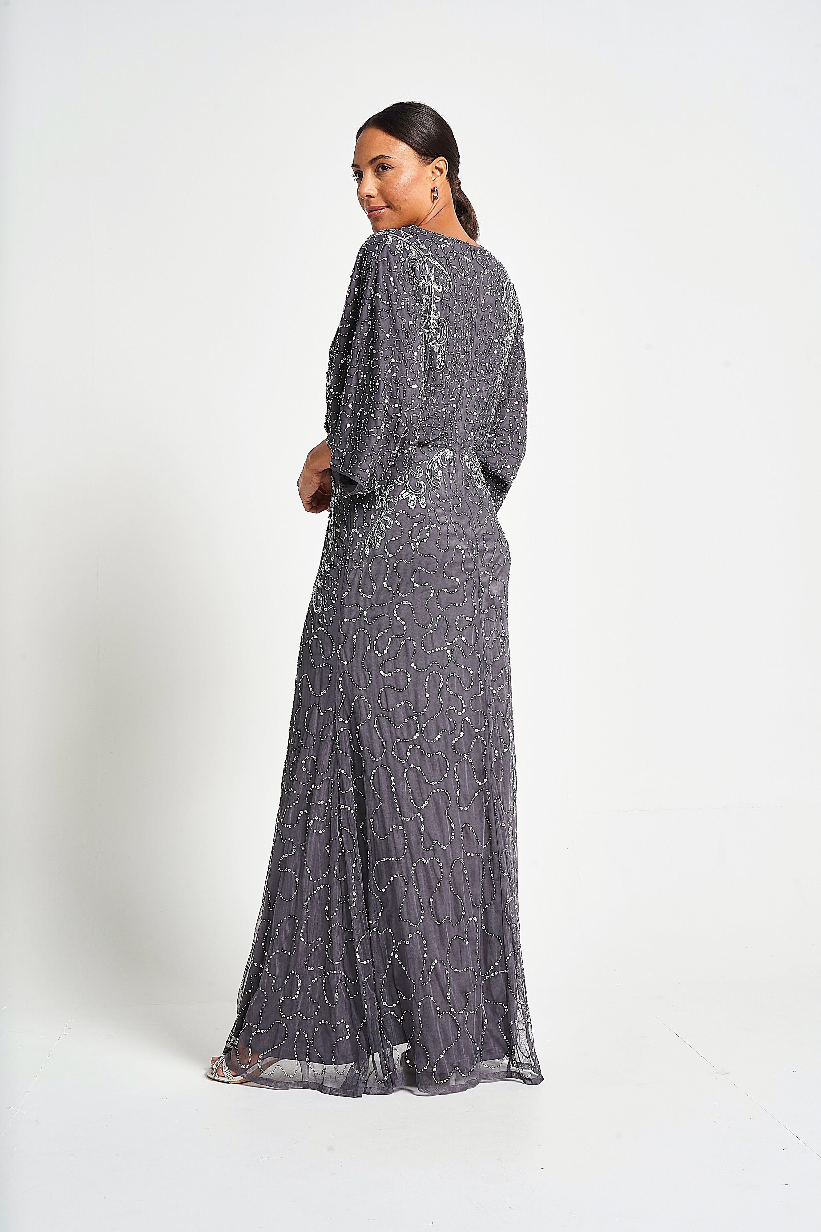 Judith Charcoal Embellished Maxi Dress with Batwing Sleeves Frock and Frill Judith Charcoal Embellished Maxi Dress with Batwing Sleeves Frock and Frill