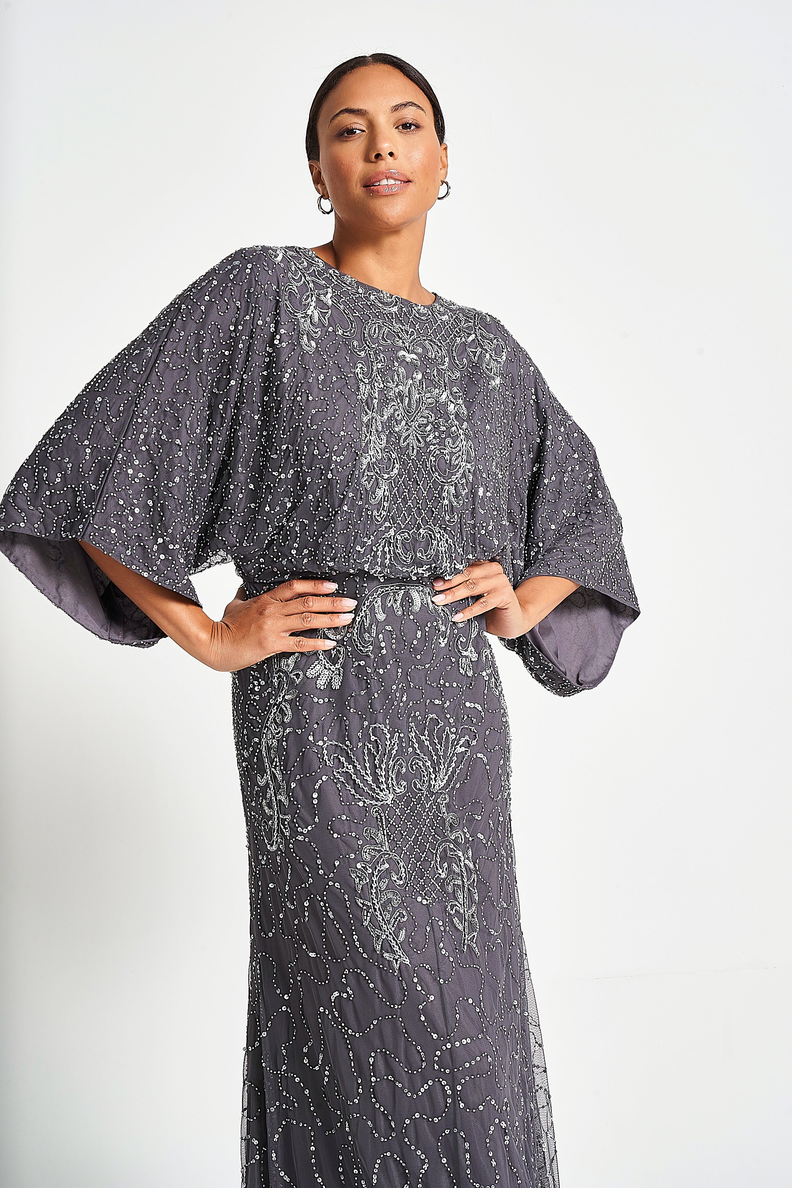 Judith Charcoal Embellished Maxi Dress with Batwing Sleeves – Frock and Frill Judith Charcoal Embellished Maxi Dress with Batwing Sleeves – Frock and Frill