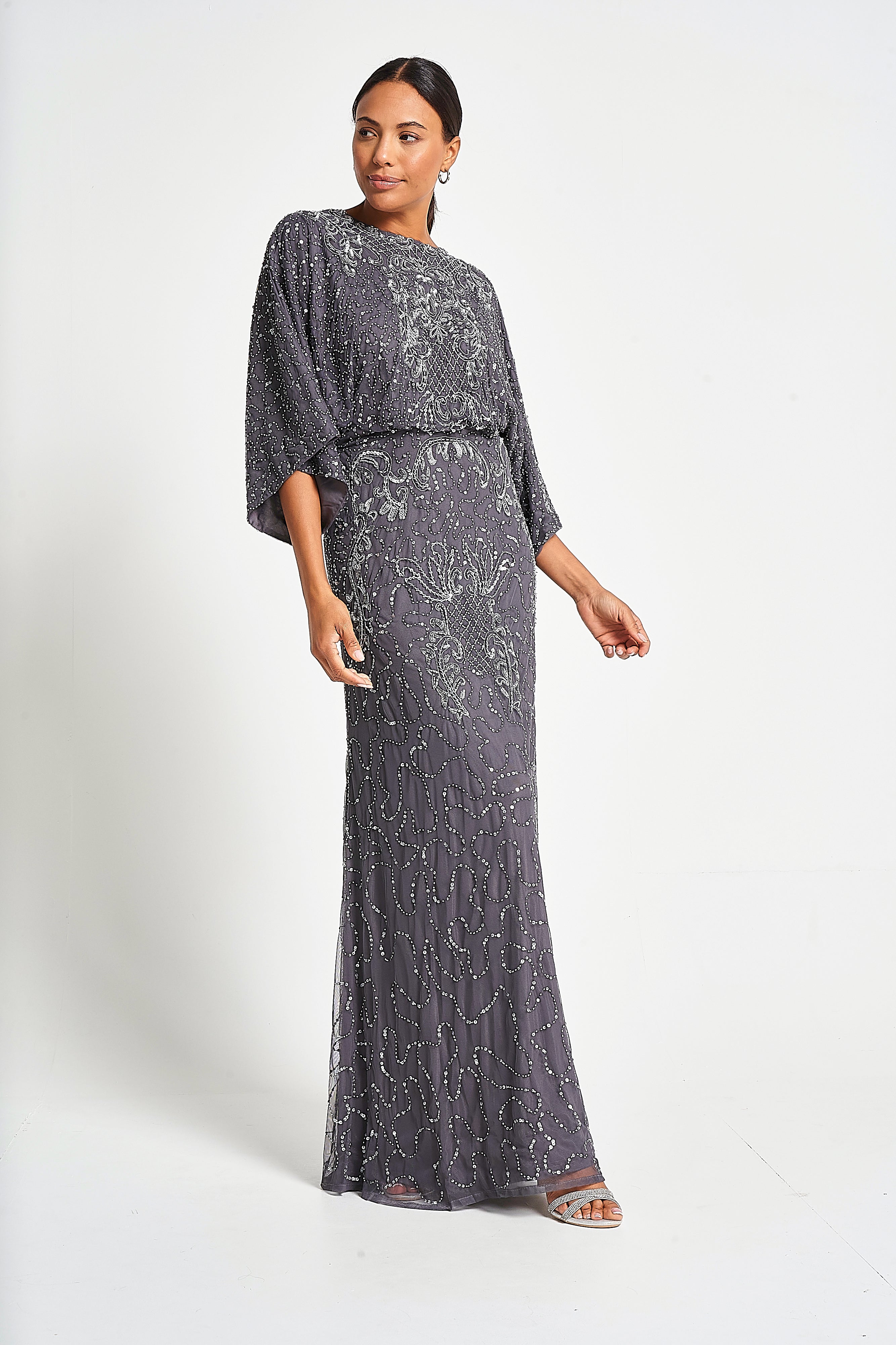 Judith Charcoal Embellished Maxi Dress with Batwing Sleeves Frock and Frill Judith Charcoal Embellished Maxi Dress with Batwing Sleeves Frock and Frill