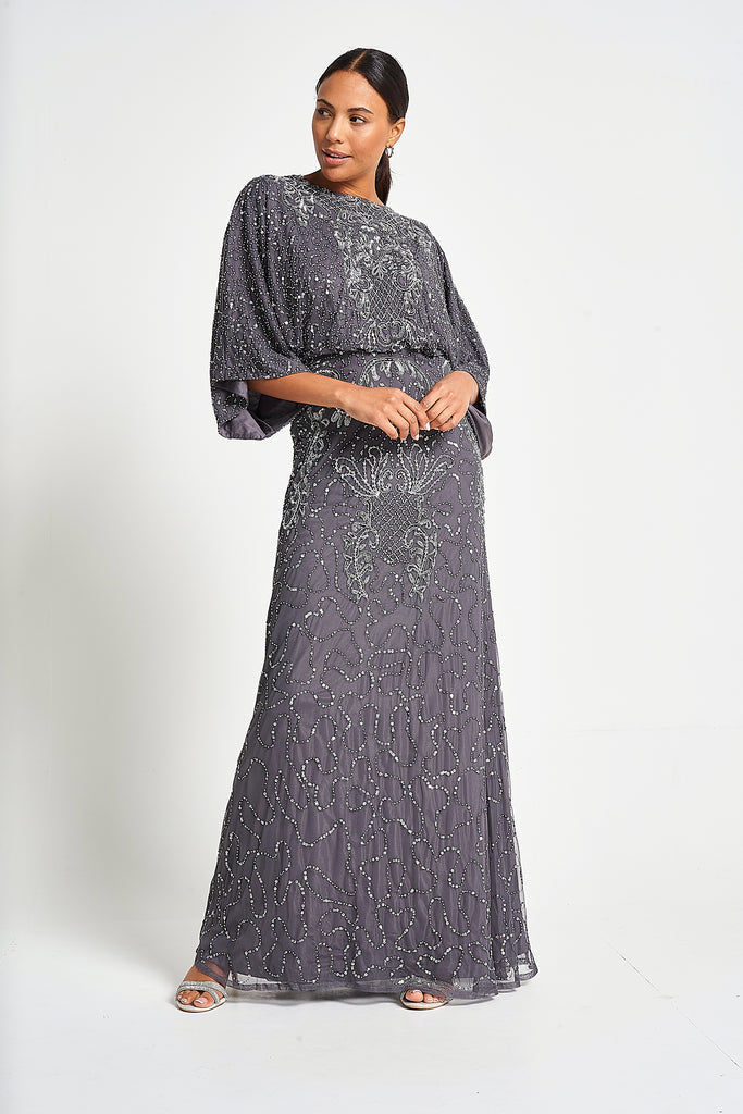 Judith Charcoal Embellished Maxi Dress with Batwing Sleeves Frock and Frill