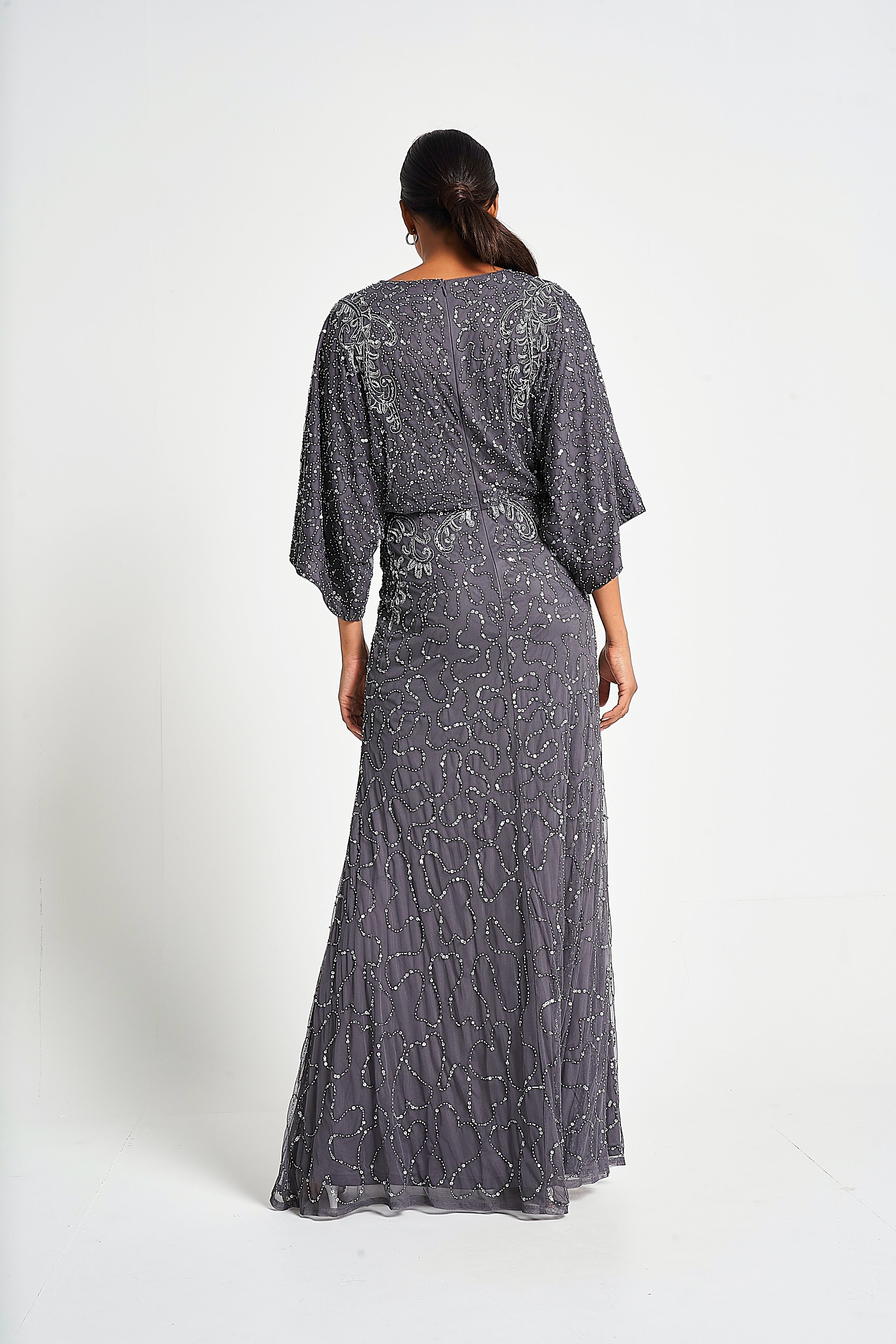 Judith Charcoal Embellished Maxi Dress with Batwing Sleeves Frock and Frill Judith Charcoal Embellished Maxi Dress with Batwing Sleeves Frock and Frill