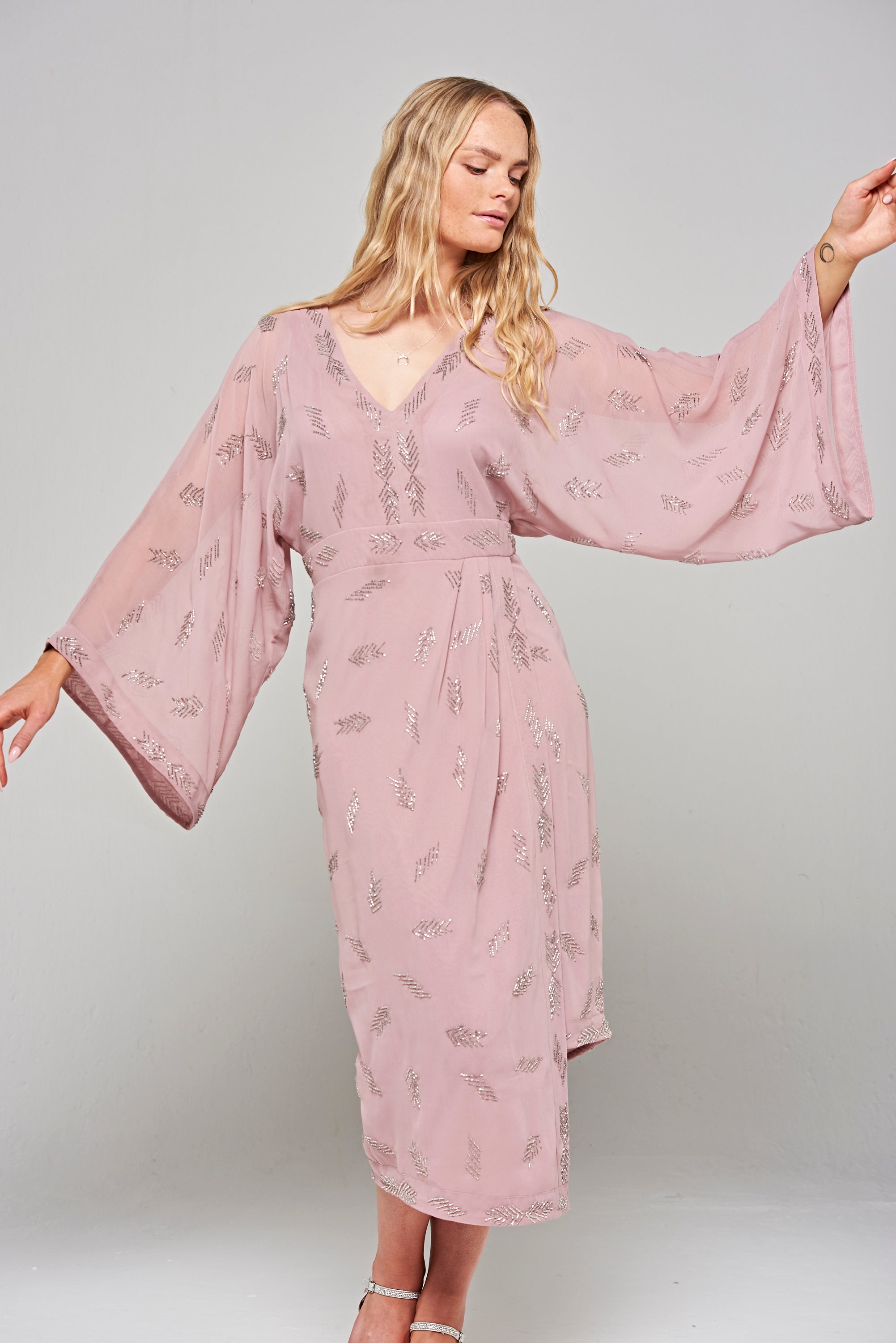 Julia Blush Embellished Midaxi Dress with Oversized Sleeves 