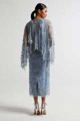 Juliana Blue Embellished Midi Dress With Cape Detail by Frock and Frill in cornflower blue with all-over beading and flowing cape overlay.