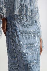Juliana Blue Embellished Midi Dress With Cape Detail by Frock and Frill in cornflower blue with all-over beading and flowing cape overlay.