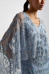 Juliana Blue Embellished Midi Dress With Cape Detail by Frock and Frill in cornflower blue with all-over beading and flowing cape overlay.