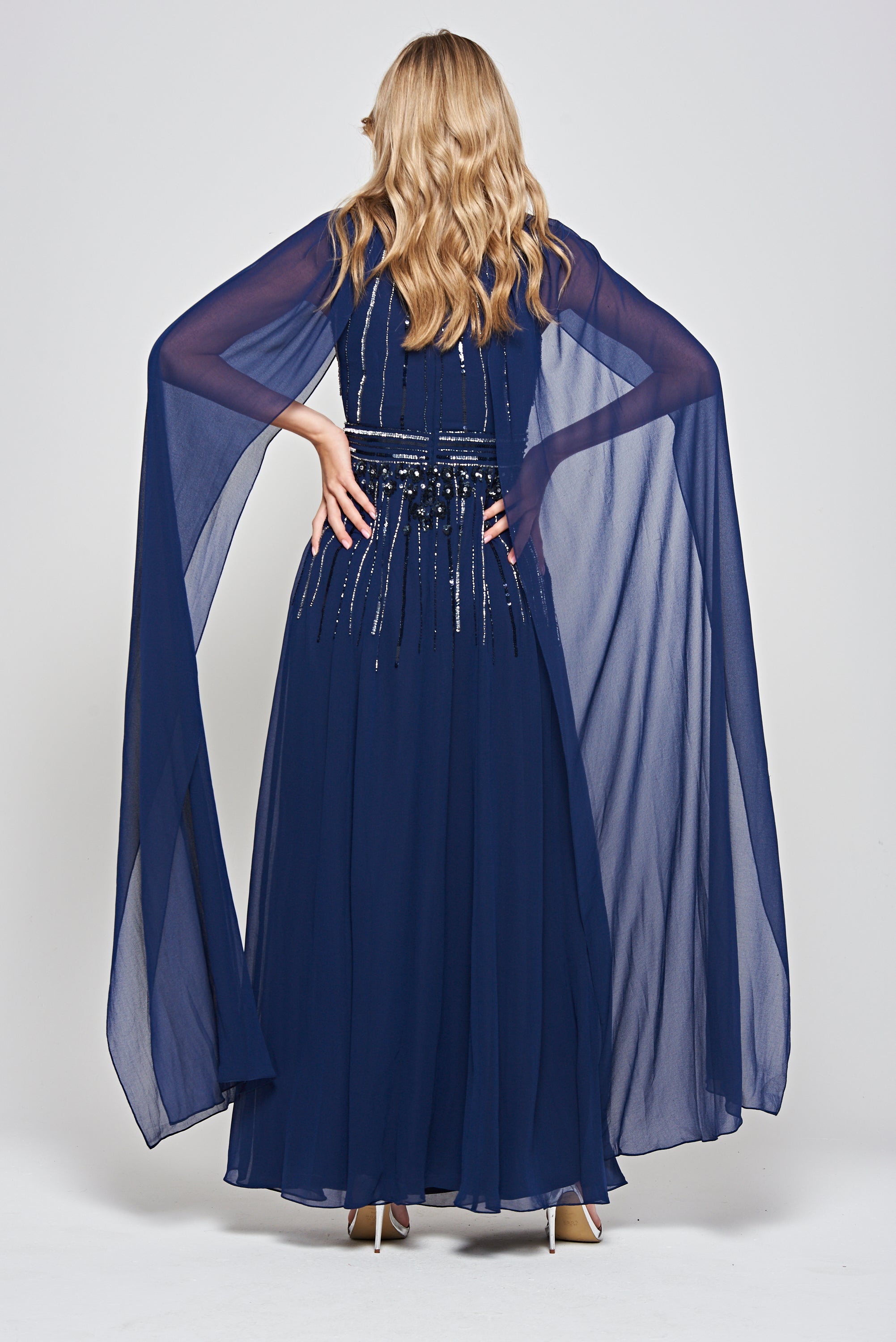 Kaya Navy Embellished Cape Sleeve Maxi Dresses 