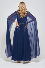 Kaya Navy Embellished Cape Sleeve Maxi Dresses 