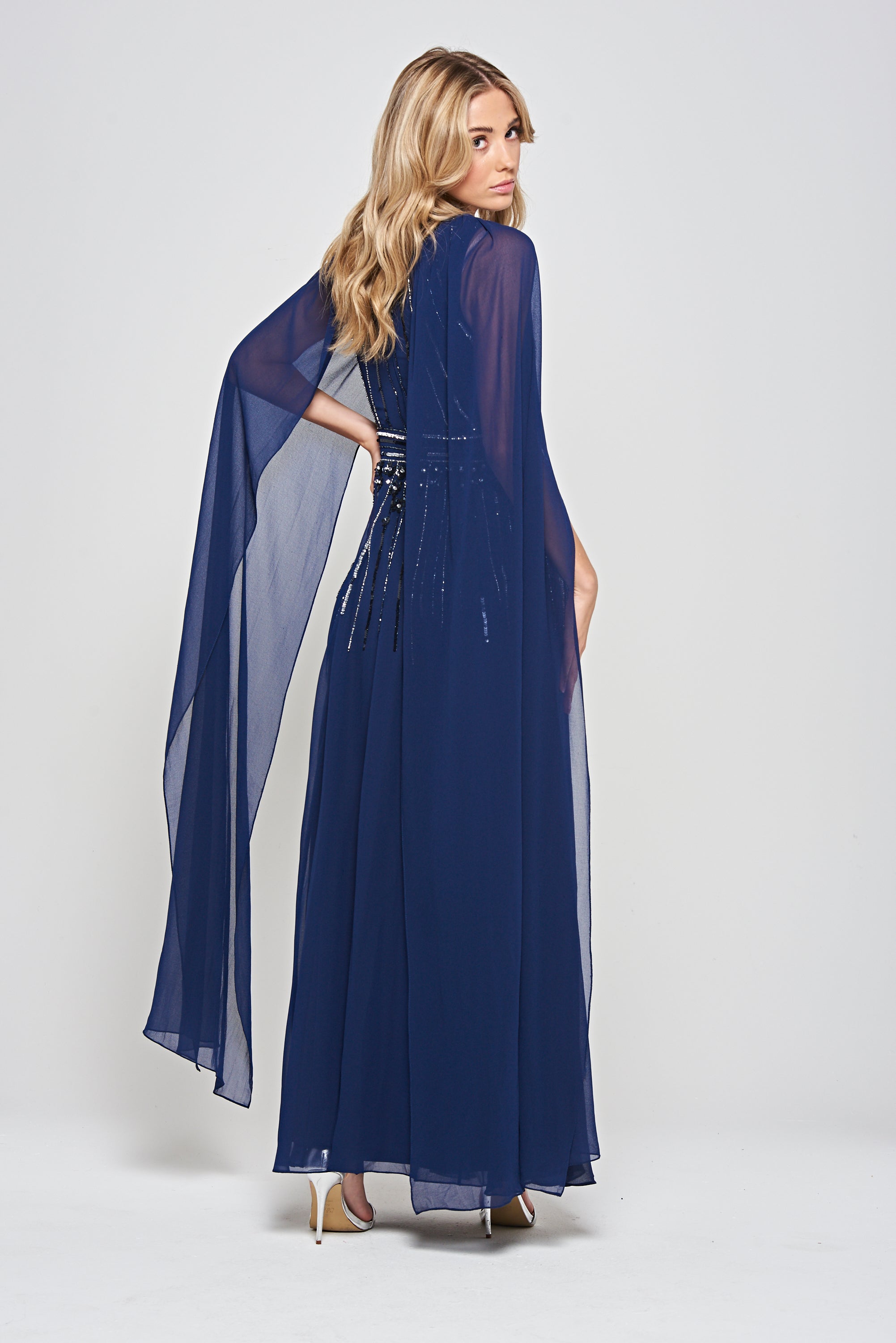 Kaya Navy Embellished Cape Sleeve Maxi Dresses 