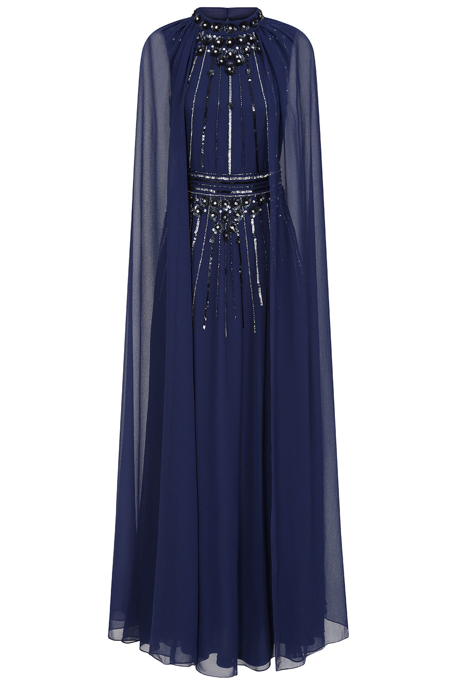 Kaya Navy Embellished Cape Sleeve Maxi Dresses 