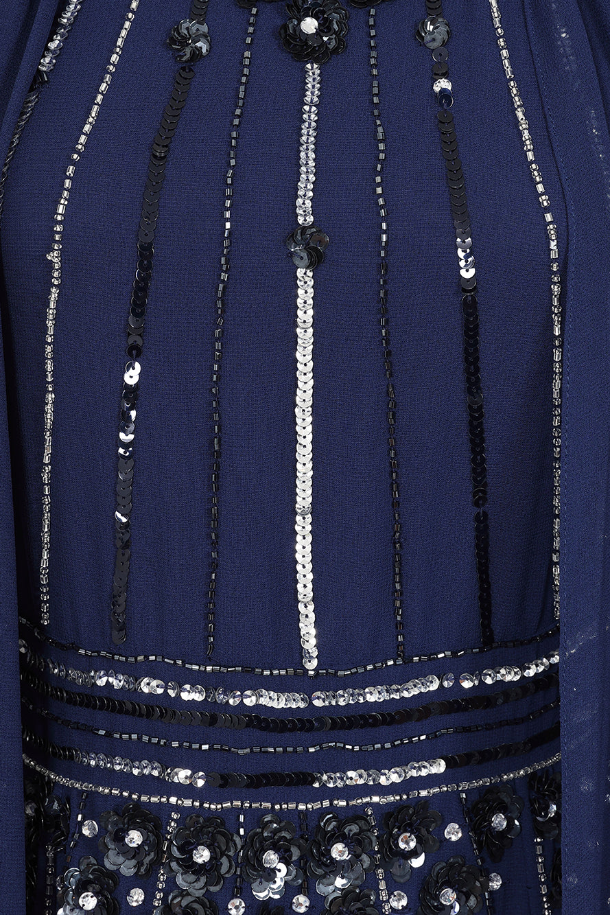 Kaya Navy Embellished Cape Sleeve Maxi Dresses 