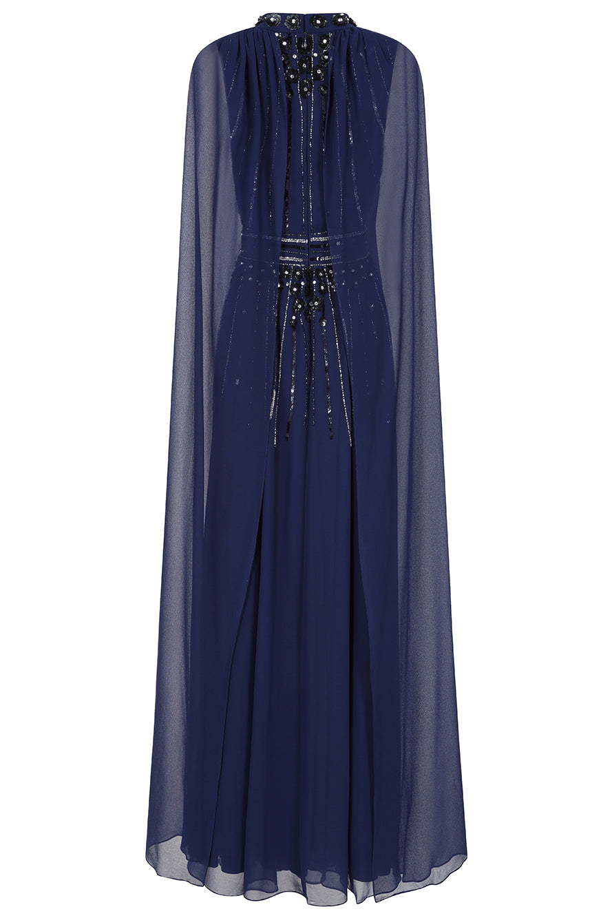 Kaya Navy Embellished Cape Sleeve Maxi Dresses 