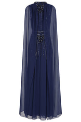 Kaya Navy Embellished Cape Sleeve Maxi Dresses 