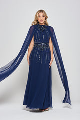 Kaya Navy Embellished Cape Sleeve Maxi Dresses 