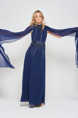 Kaya Navy Embellished Cape Sleeve Maxi Dresses 