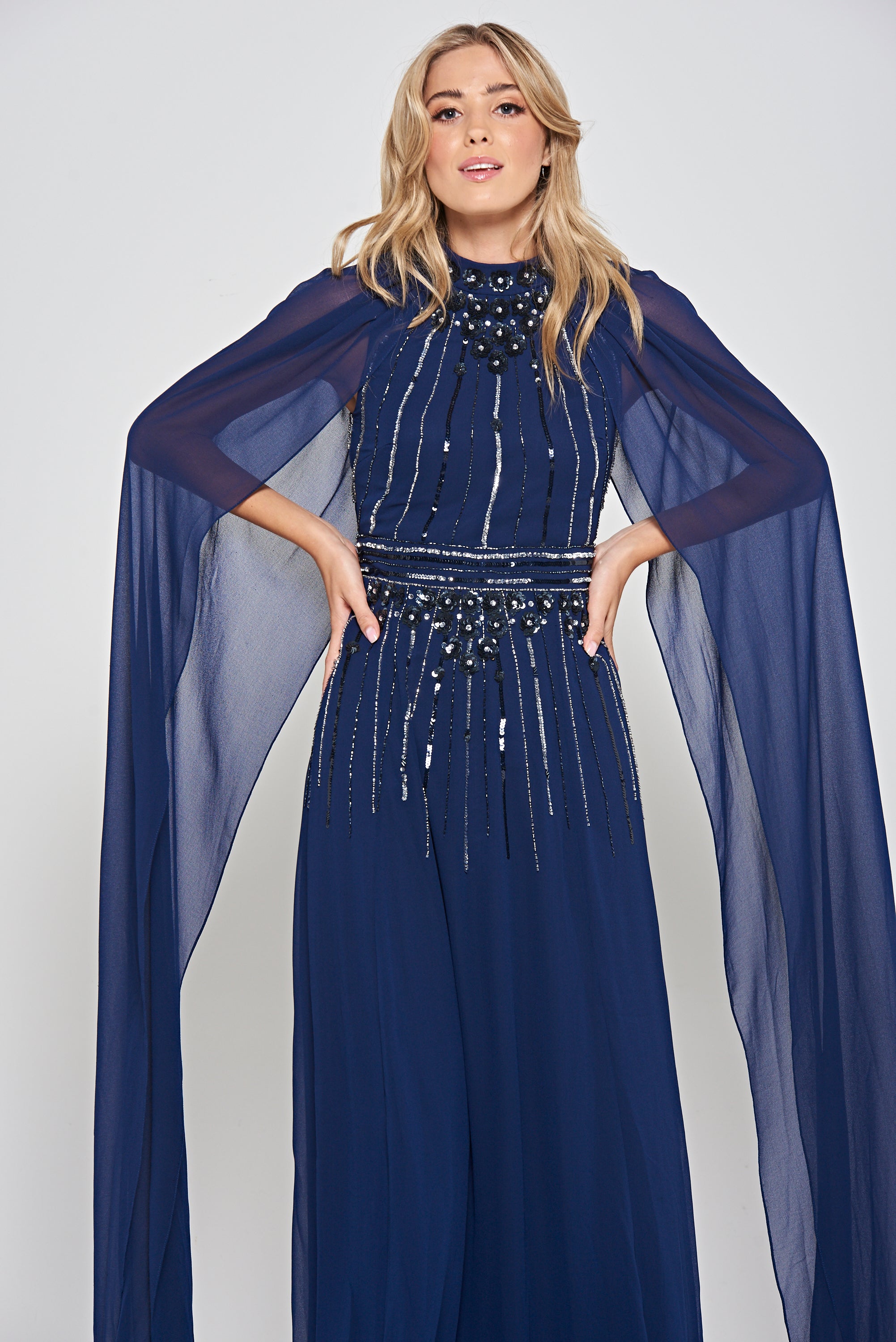 Kaya Navy Embellished Cape Sleeve Maxi Dresses – Frock and Frill