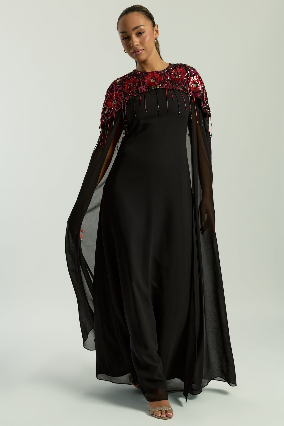 Keira Black Cape Sleeve Maxi Dress With Floral Embellishment – Frock