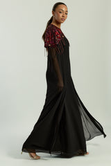 Keira Black Floral Embellished Cape Sleeve Maxi Dress