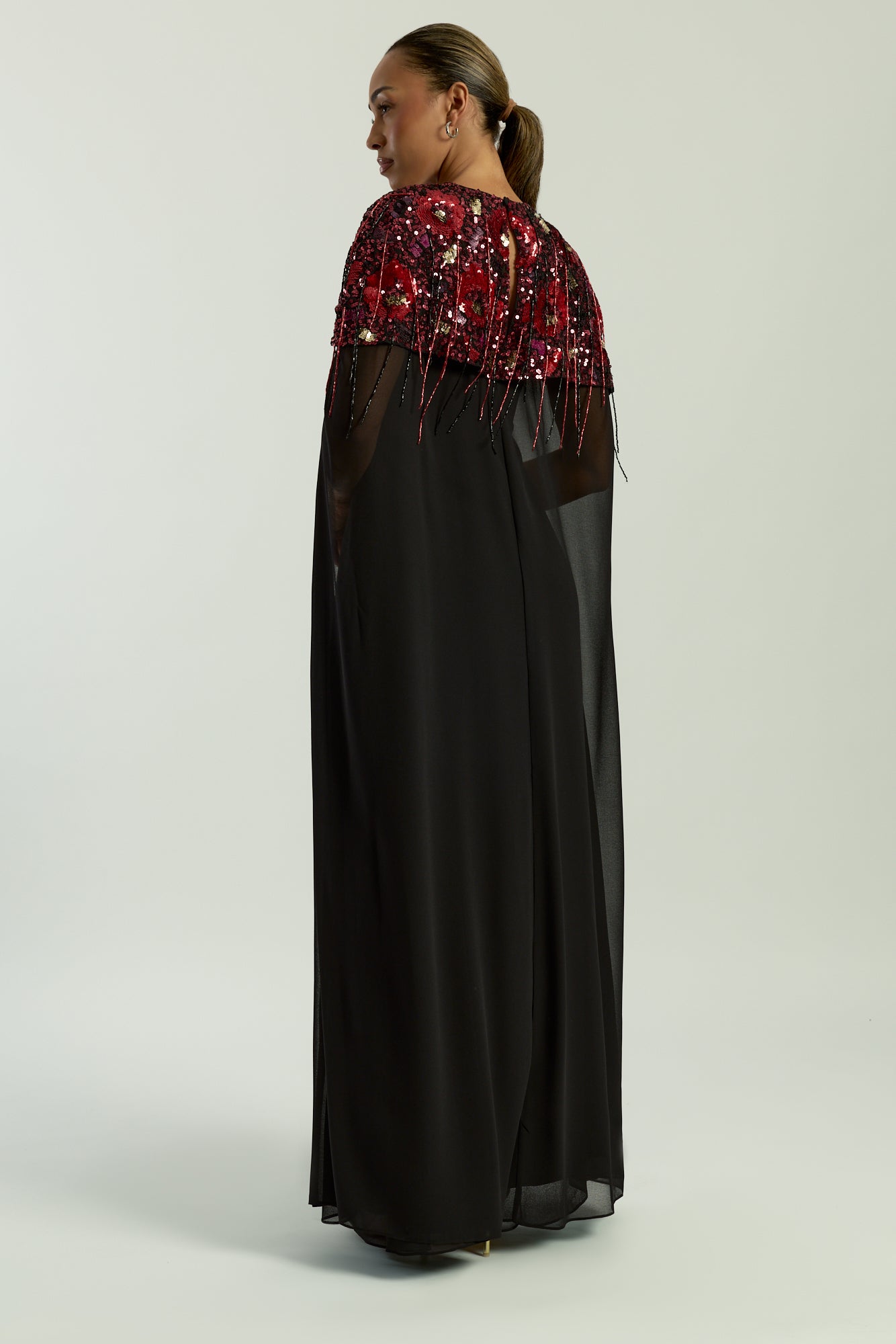 Keira Black Floral Embellished Cape Sleeve Maxi Dress
