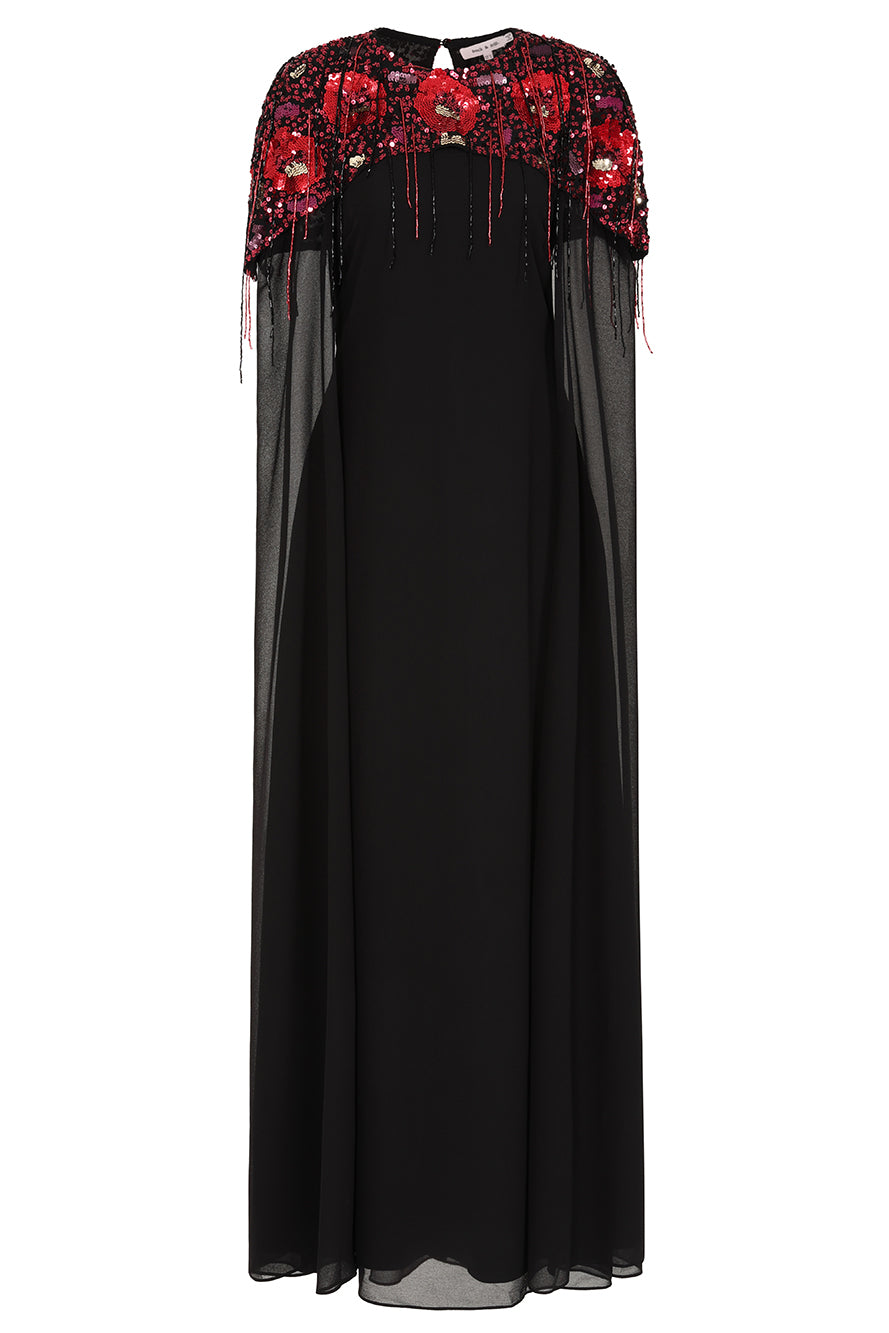 Keira Black Cape Sleeve Maxi Dress With Floral Embellishment – Frock