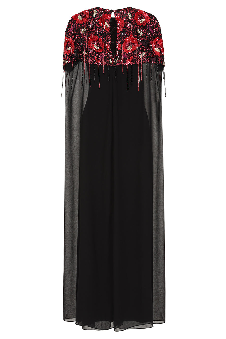 Keira Black Floral Embellished Cape Sleeve Maxi Dress